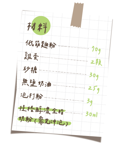 材料:低筋麵粉70g, 雞蛋2穎, 砂糖30g, 無鹽奶油25g, 泡打粉3g,桂橙酵濃全脂30ml,奶粉（需先沖泡)